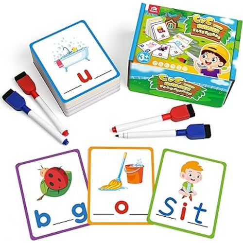 Coogam CVC Sight Words Flashcards, Short Vowel Spelling Game, Preschool Kids Learning Sight Words Supplies, Montessori Educational Writing Reading Toy Gift for 3 4 5 Years Old