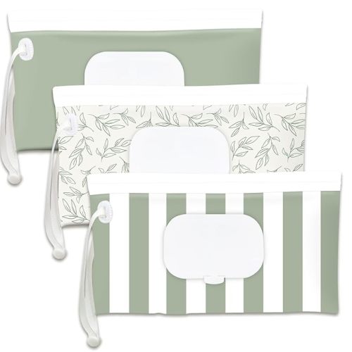 Baby Wipe Holder,Wipe Dispenser, 3-Pack Portable Refillable Wipe Container,Reusable Travel Baby Wipes Case, Waterproof and Dustproof, Wipe Holder for Diaper (Green)