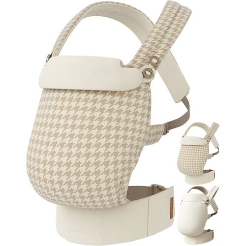 Reversible Baby Carrier, Khaki Solid & Houndstooth; Lightweight, Cooling & Breathable Lyocell Fabric; Ergonomic Lumbar Support and Quick Hands-Free Wear for Newborn to Toddler (7–44 lbs)