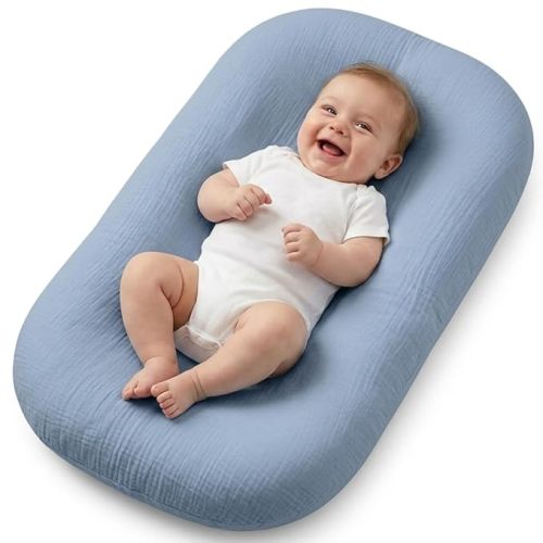 Infant Support Mat, Muslin Cotton Cover, Supportive Tummy Time Mat for Supervised Awake Use, Lightweight Portable Baby Activity Mat (0-24 Months), Blue-Gray
