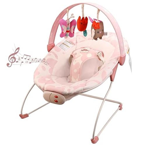 Baby Bouncer – Baby Bouncer seat, Infants Bouncy Seat with Music & Sensory Toys, Machine Washable Seat Pad Indoor Infant Seat, Ideal for Newborns 0-6 Months, 20lbs (Pink Floral)