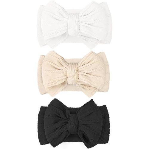 JOYOYO 3 Pcs Soft Wide Turban Baby Headbands with Double-Layer Bow for Baby Girls, Newborns, Toddlers(White+Beige+Black)