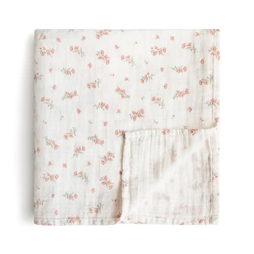 mushie Muslin Baby Swaddle Blanket | 100% Organic Cotton (Pink Flowers)