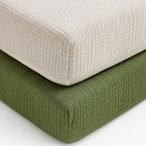 Muslin Fitted Crib Sheets for Girls & Boys-2 Pack 28"x 52" Soft Baby Mattress Sheet-No Slip Boho Neutral Breathable Toddler Cotton Bedding Olive Green & Beige