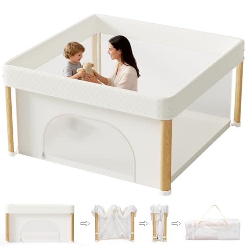 Cbcvvaer Foldable Baby Playpen, 51x51 Foldable Play Pen for Babies and Toddlers, Portable Playpen Indoor Outdoor, Kids Safety Area Travel Play Yard with Storage Bag White