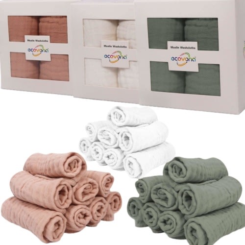 ECOVONA - 100% Cotton Baby Burp Cloths 10"x10" (8 Pack) Muslin Washcloths - Newborn Baby Must Haves & Registry Gifts - Easy to Clean unisex