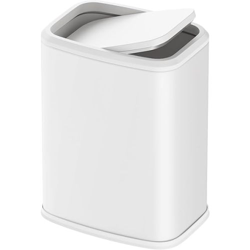 Cesun 2.1 Gallon Bathroom Trash Can with Swing-Top Lid, Small Stainless Steel Garbage Can with Removable Inner Bucket, Slim Waste Basket for Home, Office, Toilet, Bedroom, Living Room (White)