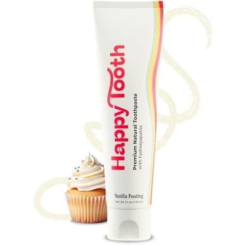 Happy Tooth Hydroxyapatite Toothpaste, Fluoride Free, Natural Whitening for Kids, Toddlers and Adults, SLS Free, Enamel Safe, Dentist Formulated with Clean Ingredients, Vanilla Frosting Flavor, 3.4oz