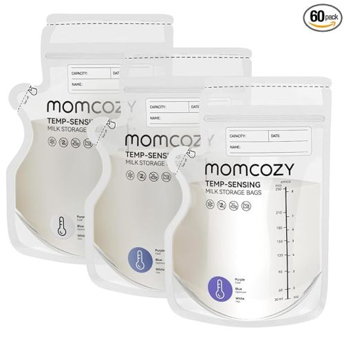 Momcozy Breastmilk Storage Bag, 8Oz, Temp-Sensing Color Change 60 Count Breast Milk Bags with Pour Spout, Milk Bag Self Standing for Breastfeeding, No Leak Presterilized for Freezer