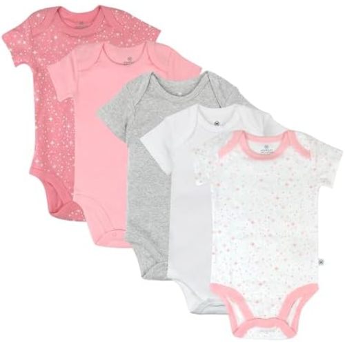 HonestBaby baby-girls 5-pack Short Sleeve Bodysuits One-piece 100% Organic Cotton for Infant Baby Girls