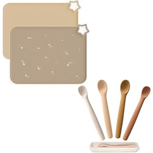 Moonkie Baby Mealtime Essentials Bundle | Silicone Placemats & Baby Spoons Set | Non-Slip Stain-Resistant Food Mats (2 Pack) & 4 Bendable First Stage Feeding Spoons with Case | BPA-Free, Chewproof & P