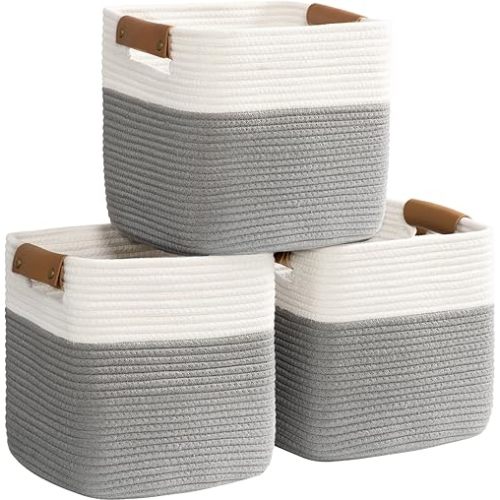 danpinera 3 Pack Woven Basket for Organizing, 11"*11", Square Storage Baskets for Pillows, Towels, Toy, Clothes, Magazines, Decorative Basket for Bedroom, Living Room, Classroom, Grey