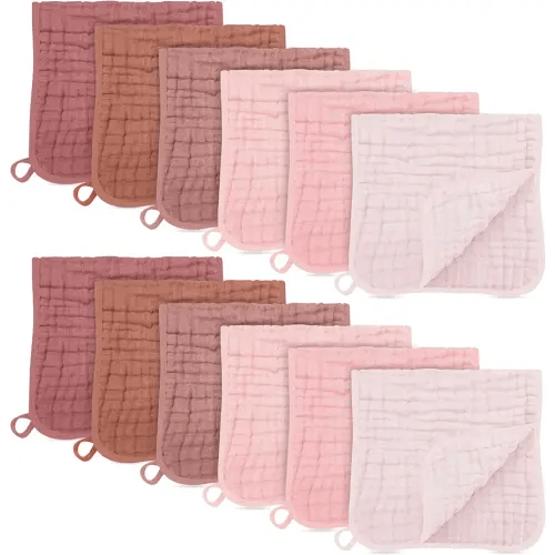 SWEET DOLPHIN 12 Pack Muslin Burp Cloths Large 100% Cotton Burping Clothes for Baby Drool - Absorbent and Soft Boys & Girls Milk Spit Up Rags for Newborn Essentials Registry - Dewy Petal