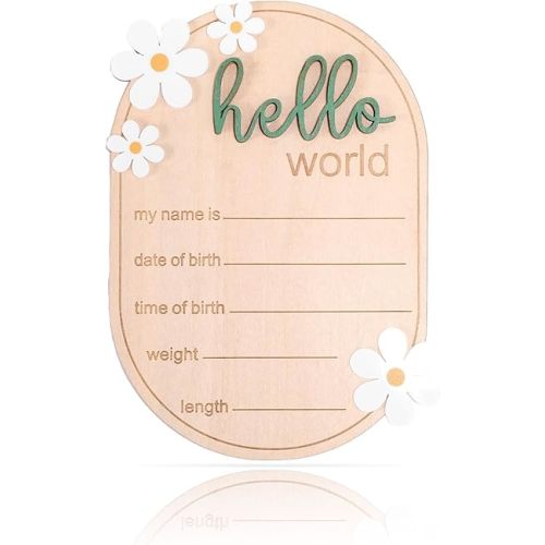 Baby Announcement Sign, Wooden Hello World Newborn Welcome Sign Personalized Birth Announcement Board for Baby Name Gender Neutral Nursery & Hospital Photo Props Keepsake Gift (Green Letter)