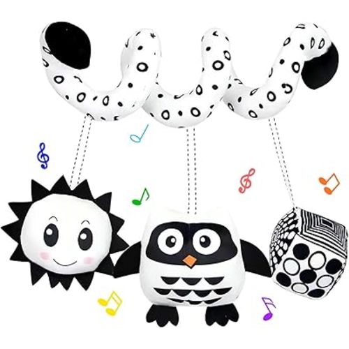 Ebrima Baby Spiral Activity Car Seat Toys, Black and White Baby Toys, High Contrast Baby Sensory Toys, Newborn Hanging Plush Stroller Toys for 0 3 6 9 12 Months Boys Girls (Owl)