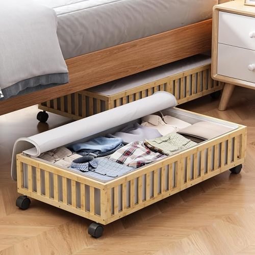Bamboo Under Bed Storage Containers with Wheels, 2 Pack Under the Bed Shoe Storage Bins, Wood Rolling Underbed Drawers with Bag Organizer for Bedroom, Sheets Clothes Blanket Comforter, Under Crib Toy
