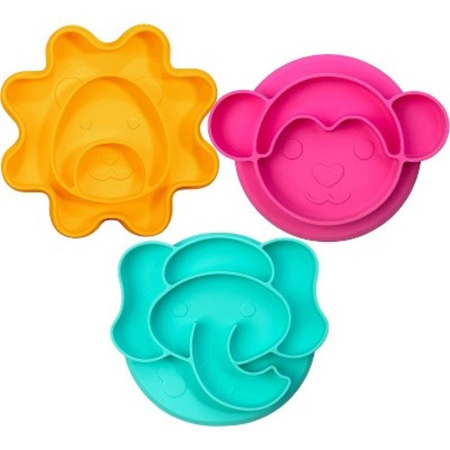 Bentology Silicone Compartment Plates- 3 Pk Animal Set Divided Sections, Non-Slip Unbreakable, Flexible Shapes- Toddlers, Kids