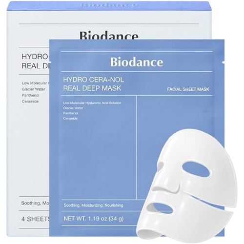 BIODANCE Hydro Cera-nol Real Deep Mask, Hydrating Overnight Hydrogel Face Mask, Moisturizing, Redness Reducing, Quick Soothing, After Sun Care, Sunburn Relief, Korean Skin Care |1.19oz(34g) x4ea