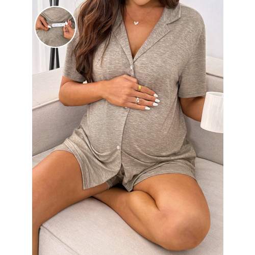 Slowluna Maternity Solid Color Asymmetric Collar Short Sleeve Top And Adjustable Waist Shorts Casual 2-Piece Set, Loungewear, Sleepwear, Sleepwear Set, Pajama Dress