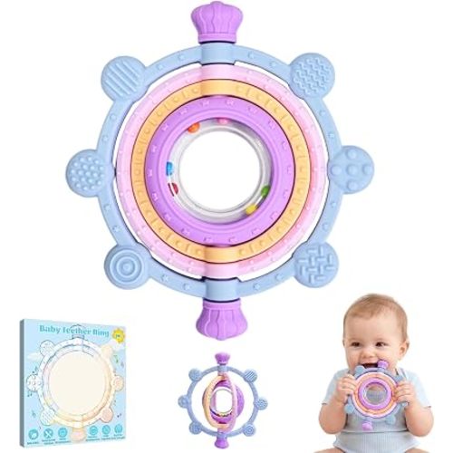 Rotatable Baby Teething Rings Rattle Toys for Infants 3-12 Months, Silicone Baby Teether Sensory Toys with Raised Textured Bumps, Safe & Soft for Chewing, Teething Relief, Soothing Sore Gums, BPA-Free