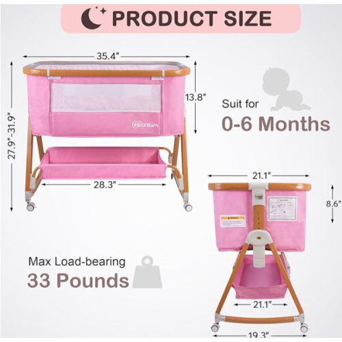 BIERUM Bassinet, 4 in 1 Baby Basinet, Bedside Bassinet for Baby, 6 Height Adjustable Bassinet Bedside Crib with Lockable Wheels & Mosquito Nets, Large Storage Bag & Comfortable Mattresses Included.