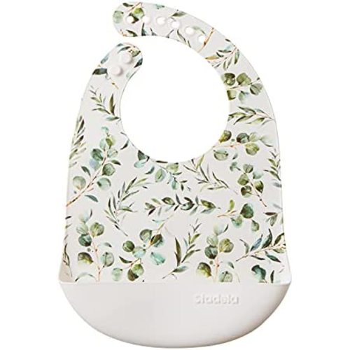Stadela Baby Silicone Feeding Bib, Waterproof Adjustable, Unisex for Baby Boy or Girl, Bohemian Print, Foliage Eucalyptus and Olive : Baby