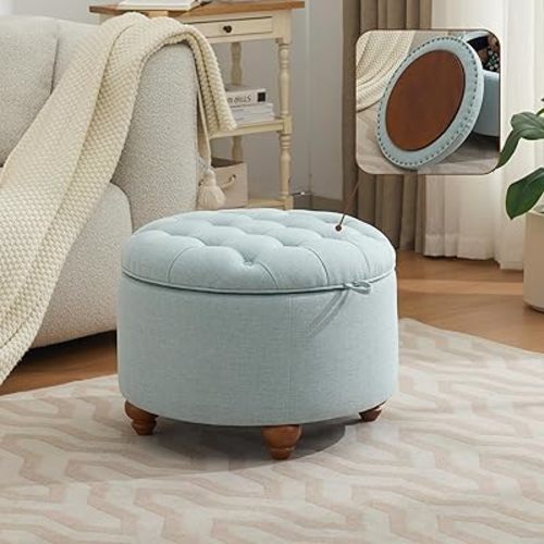 WUTUTUEE 24Inch Round Storage Ottoman with Tray, Modern Tufted Fabric Circle Coffee Table with Storage, Upholstered Ottoman with Removable Top for Living Room, Bedroom, Light Blue