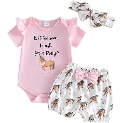 PUHHAPIEY Baby Girl Summer Spring Clothes Baby Cowgirl Outfit New Cowgirl in Town Short Sleeve Romper + Shorts and Headband
