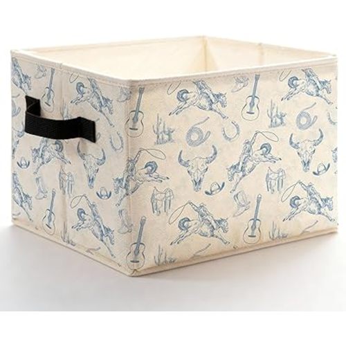 Blue Western Cowboy Storage Bins Box with Handles, Boho Southwestern Country Rodeo Cowboy Bull Skull Foldable Basket Toybox for Bedroom Bathroom Home Clothes Toys Books
