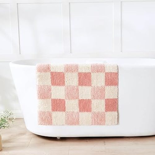 CozeCube Pink Checkered Bath mats for Bathroom Non Slip, Fluffy Absorbent Microfiber Bath mat Washable, Aesthetic Bathroom Rugs, Large Bath mat for Shower, 36" x 24"