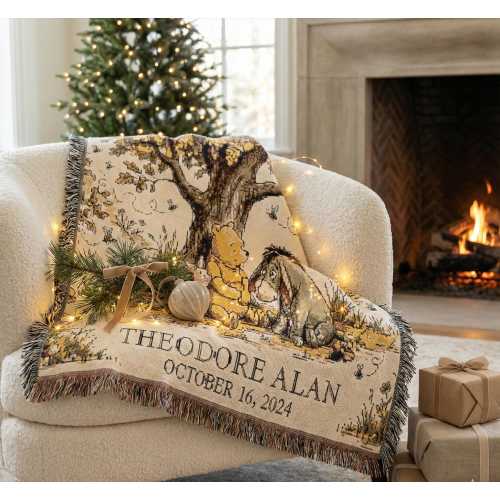 Winnie the Pooh Personalized Woven Blanket, Custom Eeyore Piglet Nursery Decor, Baby Hundred Acre Wood Classic Pooh Tapestry