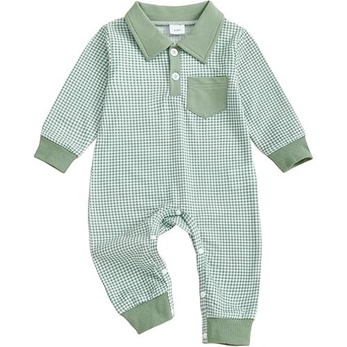 Newborn Baby Boy Winter Clothes Long Sleeve Lapel Jumpsuit Collar Plaid Romper Playsuit Infant Baby Boy Fall Outfit