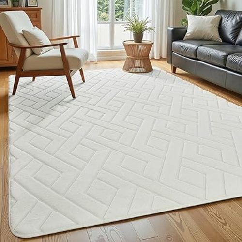 Ultra Soft Cream White Area Rug for Living Room, 5x7 Modern Geometric Shag Rugs with Nonslip Backing for Bedroom, Washable Fuzzy Carpet for Cozy Kids Girls Room Nursery