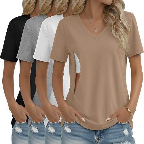 4 Pack Women's Nursing Shirts for Breastfeeding with Hidden Zipper V Neck Short Sleeve Loose Fit Maternity Tops
