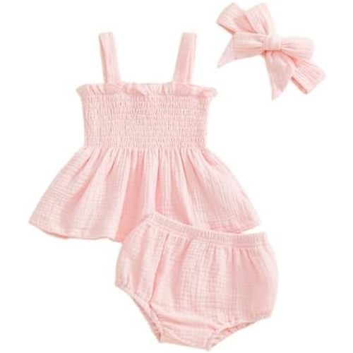 MERSARIPHY Newborn Baby Girl Summer Clothes Boho Linen Sleeveless Smocked Tank Tops Bottom Shorts Set 3Pcs Infant Outfits