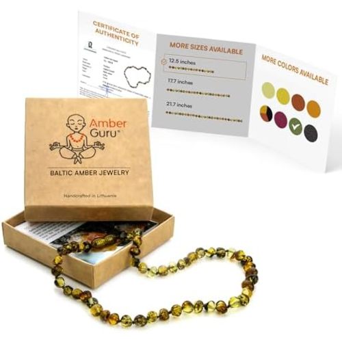 Amber Guru Baltic Amber Necklace (Authentic, Certified) - 12.5 inches - Unisex Jewelry - Polished Real Amber Beads - Proud to Deliver Genuine Baltic Sea Wonder - Handmade