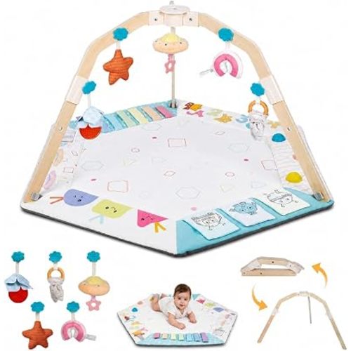 Baby Play Gym Activity Mat with Multiple Developmental Zones, Stage-Based Play for Infant Motor Skills, 5 Detachable Sensory Toys, Easy to Install & Clean, Baby Essentials Shower Gift