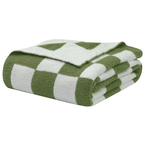 bearberry Fuzzy Checkerboard Grid Throw Blanket Knitted Soft Cozy Warm Microfiber Bed Blanket Decor for Couch Sofa Bed Travel Home (Avocado Green, 60''x80'')