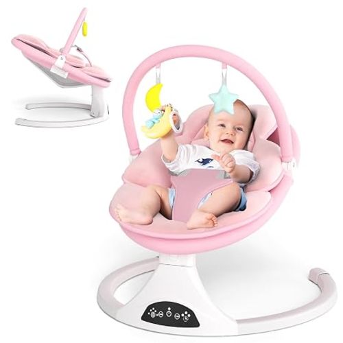 Electric Baby Swing with Remote Control,5 Speeds&Portable&Cozy(0-6M,Pink)