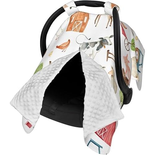 Farm Carseat Covers Baby, Winter Carseat Cover for Baby, Minky Baby Car Seat Cover for Boy & Girl, Peekaboo Opening Car Seat Canopy for Newborn, Multi Use Mom Nursing Cover, Farm Animals