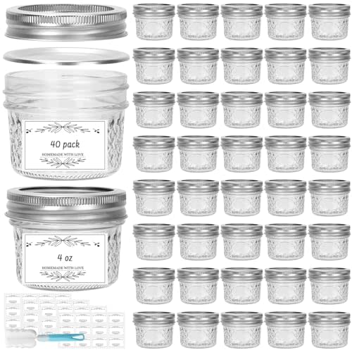 4 oz Glass Small Mason Jars, 40 Pack Regular Mouth Glass Canning Jars with Silver Aluminum Lids and Bands, Airtight Jam Jars for Food Storage, Fermenting, Honey, Dessert, DIY Candles Decor