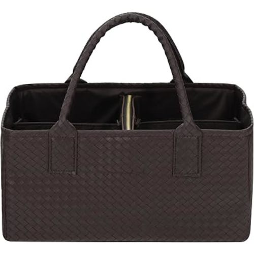 Premium Vegan Leather Baby Diaper Caddy Organizer – Portable Storage Basket for Newborn Essentials, Changing Table, Nursery, Car & Travel, Gifts for Baby Shower (Woven Espresso Brown)