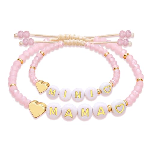 Mother Daughter Bead Bracelet Set for 2, Mommy and Me Matching Bead Bracelet, Mama and Mini Matching Heart Bracelets for Mom Daughter Valentines Mother's Day Gift