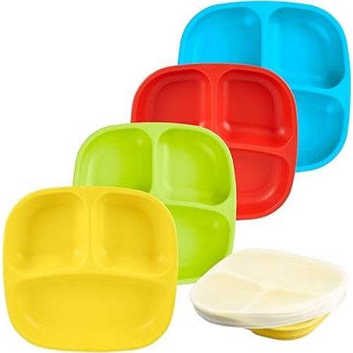 Re-Play Toddler Plates with Dividers - Deep-Walled 3 Compartments Divided Plates for Kids - Dishwasher & Microwave Safe - Made in USA - Set of 4-7.37" x 7.37" x 1.25" - Preschool