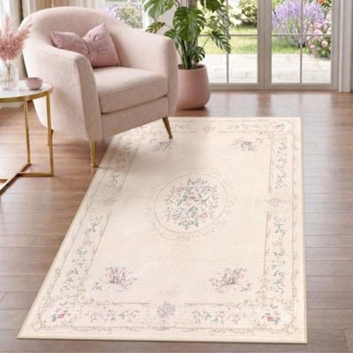 Lantine Floral Bow 3x5 Beige Rug for Girls Bedroom, Soft Rose Washable Nursery Living Room Area Rug, Indoor Non-Slip Boho Carpet for Dorm, Beige/3x5
