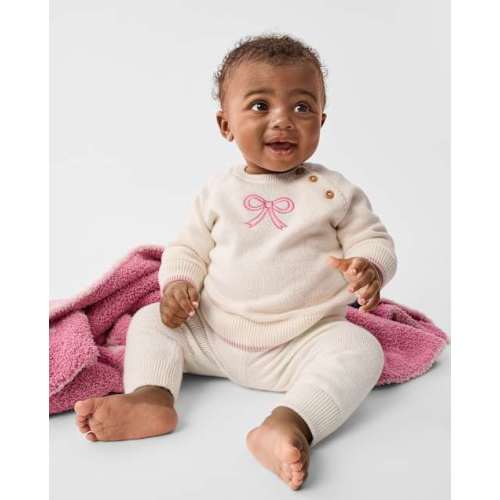 Baby Girls Embroidered Bow 2-Piece Outfit Set - Cream