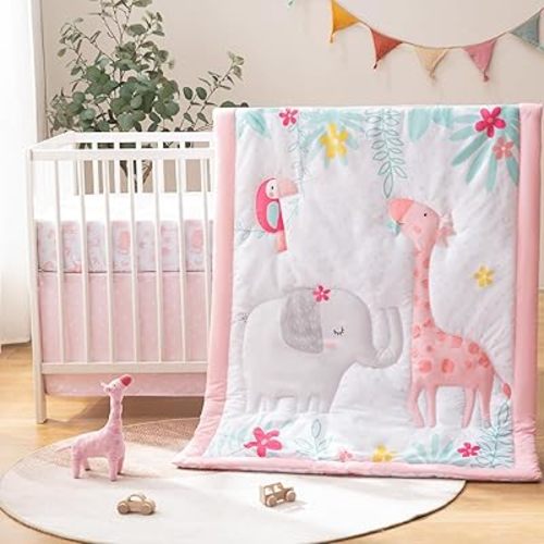 4-Piece Crib Bedding Set for Baby Boys Girls, Infant Toddler Nursery Baby Bedding Sets Includes Cartoon Quilt, Fitted Crib Sheet, Crib Skirt and Plush Giraffe Toy