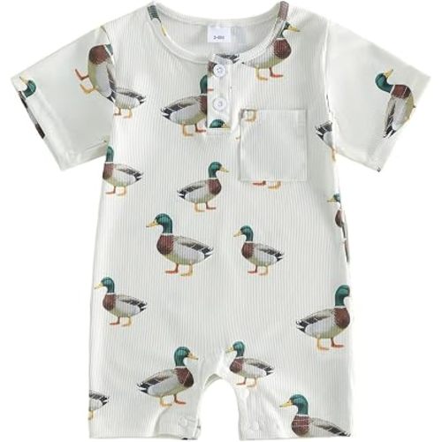 Newborn Baby Boy Outfit Printed Romper Jumpsuit Button up Clothes | Duck/Dinosaur/Turtle print, Coming home outfit, Hunting romper with pocket, Summer/fall clothes for boys