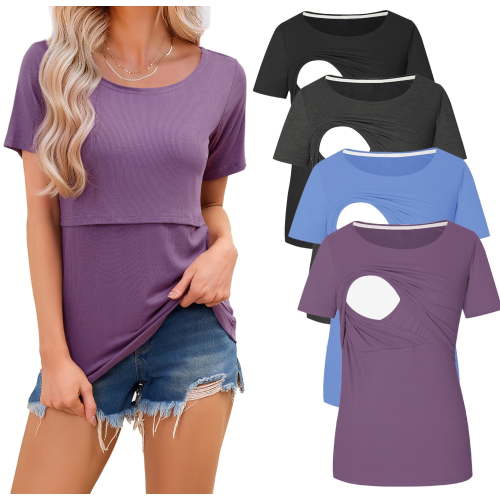 Maternity Nursing Tops Clothes for Women Ribbed Breastfeeding Shirts Clothes 4-Pack