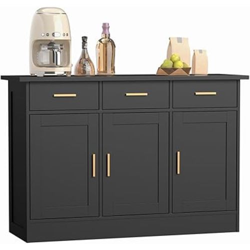 Buffet Cabinet with Storage - Buffets & Sideboards Kitchen Storage Cabinet, Wood Console Table Coffee Bar Accent Cabinets for Living Room Dining Room Entryway Large 3 Doors & Drawers, Black 47.2"W